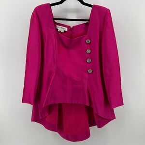 La Bottega Vintage Fuchsia Pink‎ Peplum Blouse Rhinestone 12 Barbiecore Formal